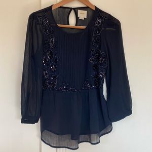 Sheer navy beaded blouse by Maeve from Anthropologie